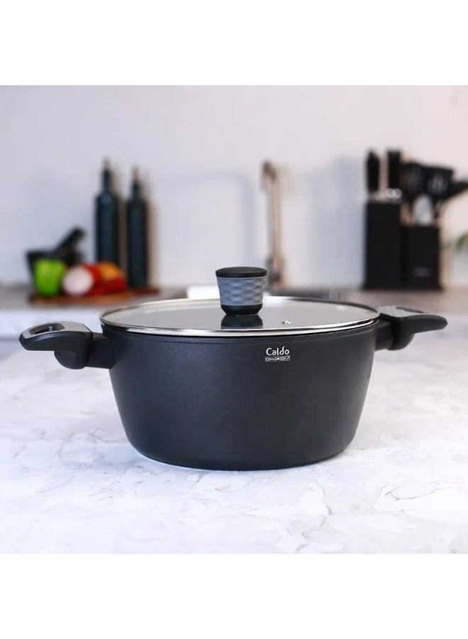 Non-stick coated saucepan with glass lid, size 26
